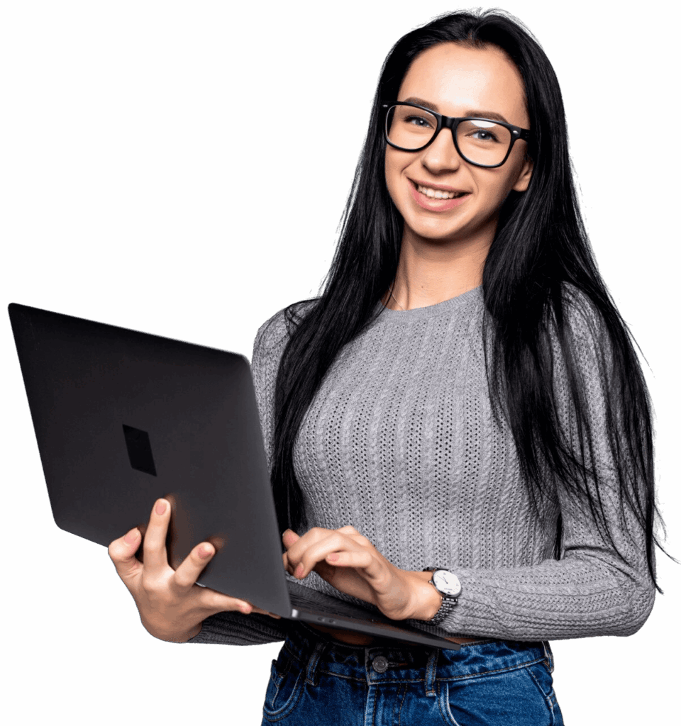 girl holding laptop learning digital marketing course